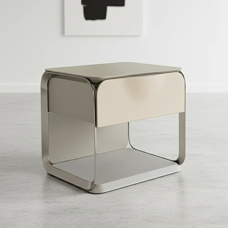 Modern Luxury White & Silver Nightstand : Floating Design Microfiber Leather Drawer Front - Single Drawer Bedside Table For Bedroom