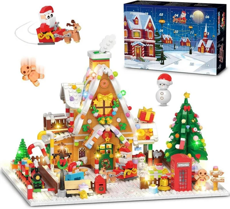 Adventskalender Lebkuchenhaus Bauspielzeug mit LED Licht