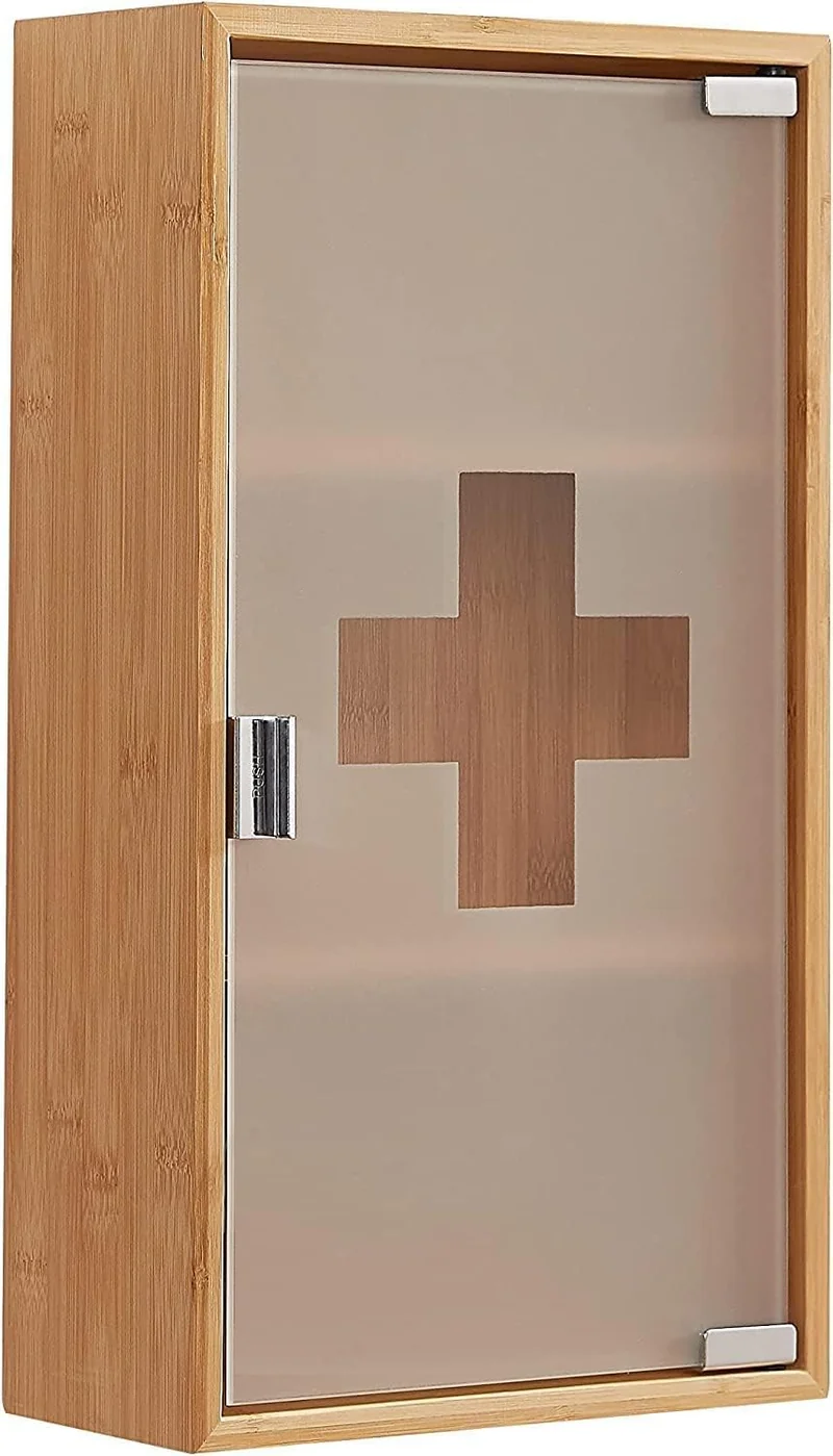 Medikamentenschrank & Medizinschrank aus Bambus, hängeschrank, Hausapotheke, Erste Hilfe Schrank, Glastür mit Magnetverschluss，Arzneischrank 3 Fächer，12T x 27B x 48H cm