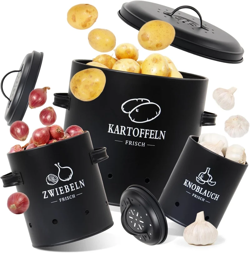 Premium Kartoffel Aufbewahrungsbox [3er Set], Kartoffeln, Zwiebeln und Knoblauch Aufbewahrung, Hält Gemüse Länger Frisch