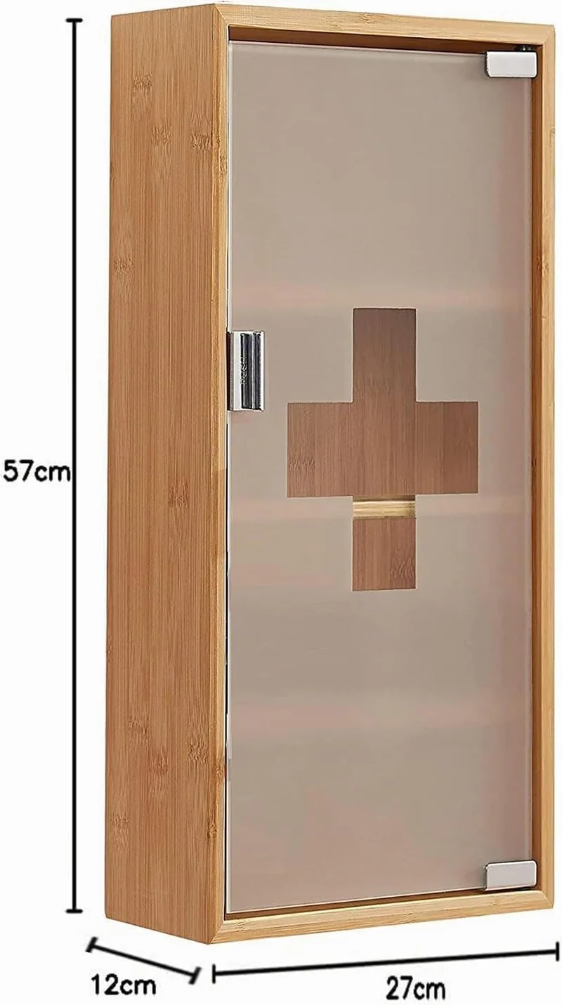 Medikamentenschrank & Medizinschrank aus Bambus, hängeschrank, Hausapotheke, Erste Hilfe Schrank,Glastür mit Magnetverschluss，Arzneischrank 4 Fächer，12T x 27B x 57H cm