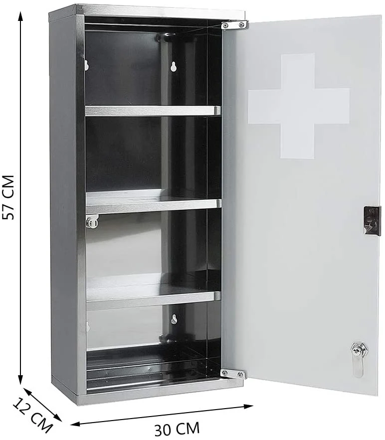 Medizinschrank Abschließbar Hängend, Erste Hilfe Schrank, Arzneischrank aus Edelstahl, Wand-Medizinbox XXL 57 x 27 x 12 cm (Silber - 4 Schichten)