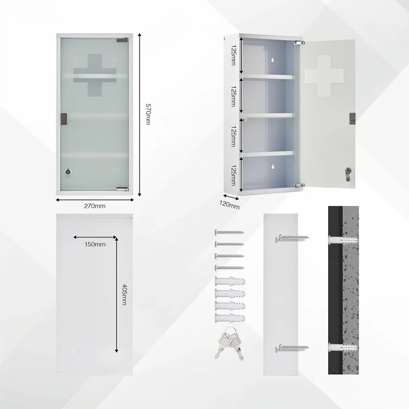 Medizinschrank Abschließbar Hängend, Erste Hilfe Schrank, Arzneischrank aus Edelstahl Gross, Medikamentenschrank 57 x 27 x 12 cm((Weiß - 4Schichten))