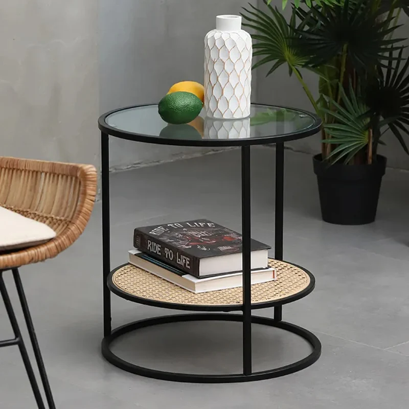 Modern Minimalist Round Glass-Top Side Table: Natural Indonesian Rattan & Handwoven - 2-Tier End Table For Living Room