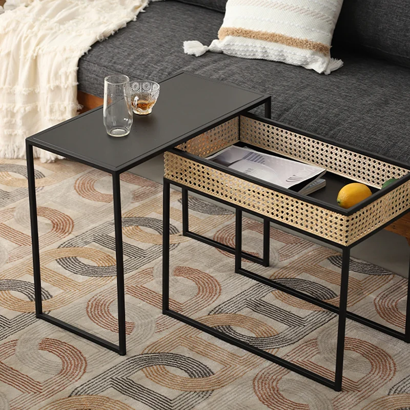 Modern Minimalist Rectangular Iron Desk: Natural Indonesian Rattan & Handwoven - 1 Storage Cabinet Side Table For Living Room