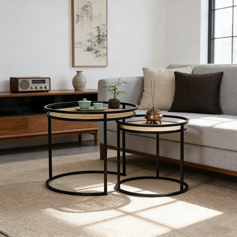 Modern Minimalist Round Iron Side Table: Natural Indonesian Rattan & Handwoven - Dual-Table Set End Table For Living Room