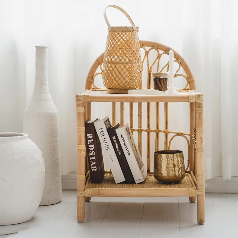 Contemporary Coastal Natural Rattan Handwoven Indonesian Rattan Side Table - Curved With V-Pattern Weave End Table For Living Room