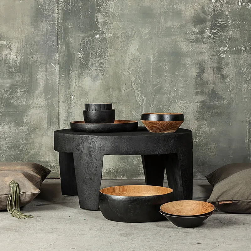 Traditional Rustic Solid Wood Round Coffee Table - Handcrafted Low Profile Sculptural Table For Living Room