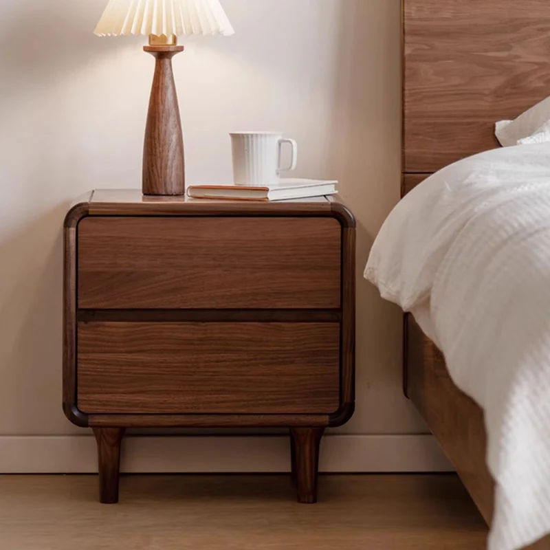 Contemporary Nordic Rectangular High-Leg Design Black Catalpa Wood Paulownia Wood Nightstand 2-Drawer For Bedroom