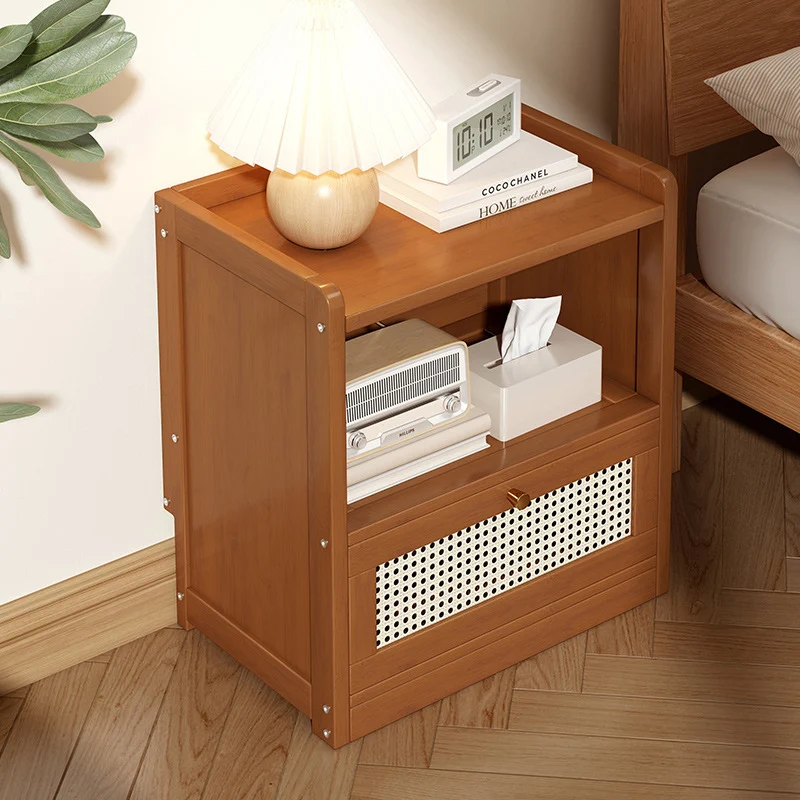 Traditional Japanese Rectangular Bamboo Fiber Board Plastic Rattan Nightstand 1 Drawer For Bedroom