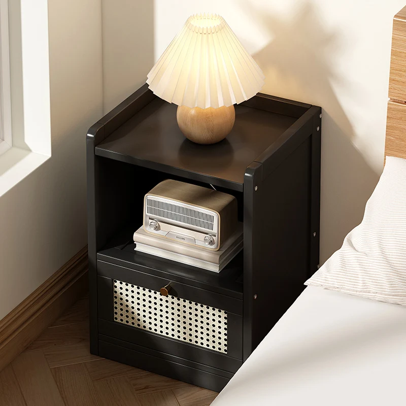Traditional Japanese Rectangular Bamboo Fiber Board Plastic Rattan Nightstand 1 Drawer For Bedroom