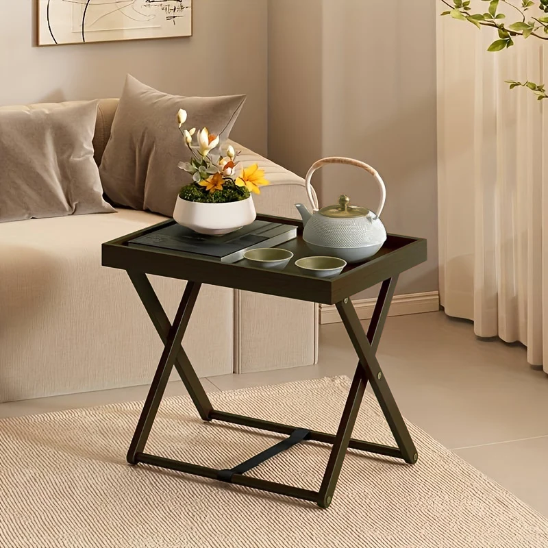 Modern Minimalist Rectangular Bamboo Engineered Panel Synthetic Rattan Foldable Side Table 1-Tier For Living Room