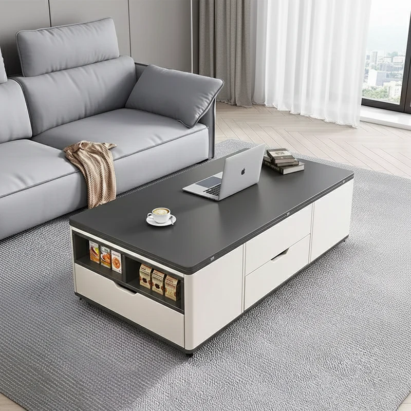 Contemporary Creative Rectangular Foldable Height-Adjustable Slab Stone Eco-Friendly Board Coffee Table 3-Drawer For Living Room