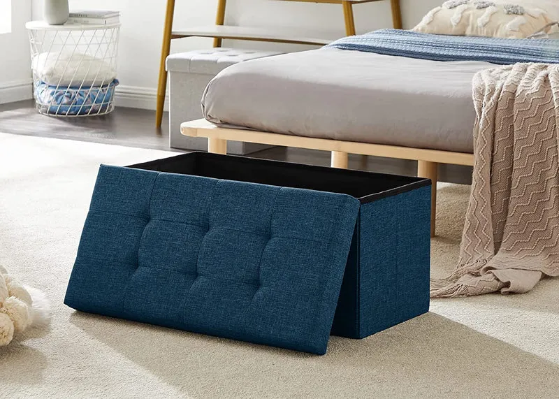 Sitzbank,Fußhocker, Sitztruhe faltbar mit Stauraum belastbar bis 300 kg 76 x 38 x 38 cm«, MDF-Platte und Leinenimitat.(Marineblau)