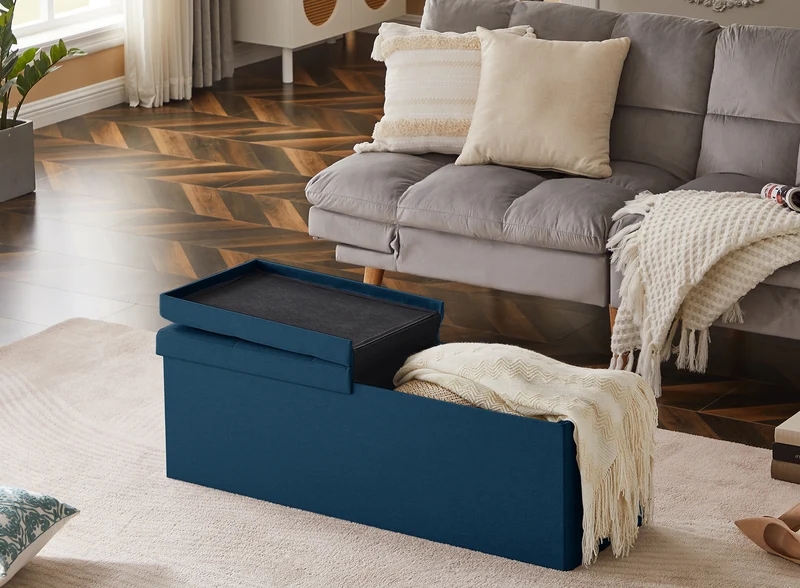 Sitzbank mit Stauraum Faltbar Sitztruhe belastbar bis 300 kg, Deckel Abnehmbar, 114x38x38 cm Marineblau