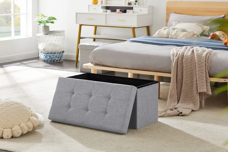 Sitzbank, Fußhocker, Sitztruhe faltbar mit Stauraum belastbar bis 300 kg 76 x 38 x 38 cm«, MDF-Platte und Leinenimitat.(Hellgrau)