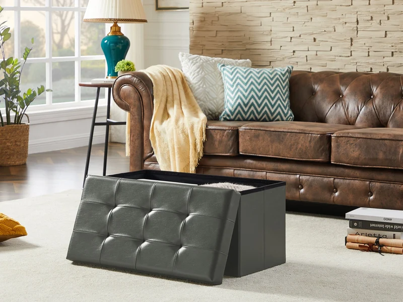 Sitzbank,Fußhocker, Sitztruhe faltbar mit Stauraum belastbar bis 300kg 76 x 38 x 38 cm«, Aus MDF-Platte und Kunstleder. (Kunstleder-Grau)