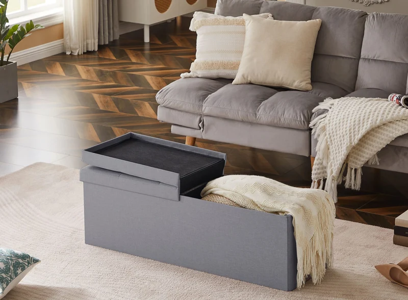 Sitzbank mit Stauraum Faltbar Sitztruhe belastbar bis 300 kg, Deckel Abnehmbar, 114x38x38 cm,Grau