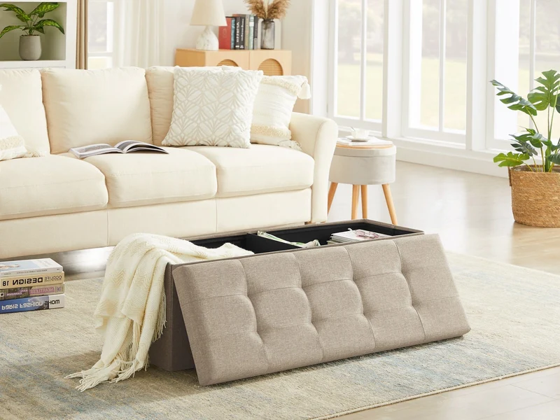Sitzbank mit Stauraum, Aufbewahrungsbox,faltbar,max.Belastbarkeit300kg,120 L,114x38x38cm,MDF-Platte und Leinenimitat.（Beige）