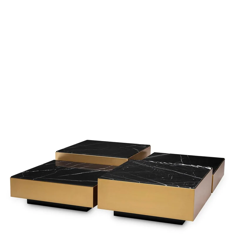 Eichholtz Couchtisch Esposito (4er Set) – Gebürstetes Messing | Schwarzer Marmor | Schwarze Basis
