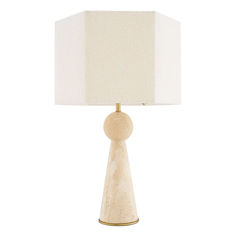 Eichholtz Tischlampe Novak – Travertin | Antik-Messing-Finish | Bouclé-Schirm