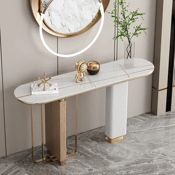 Glam White Oval Console Table Stone Console Sofa Table for Hall