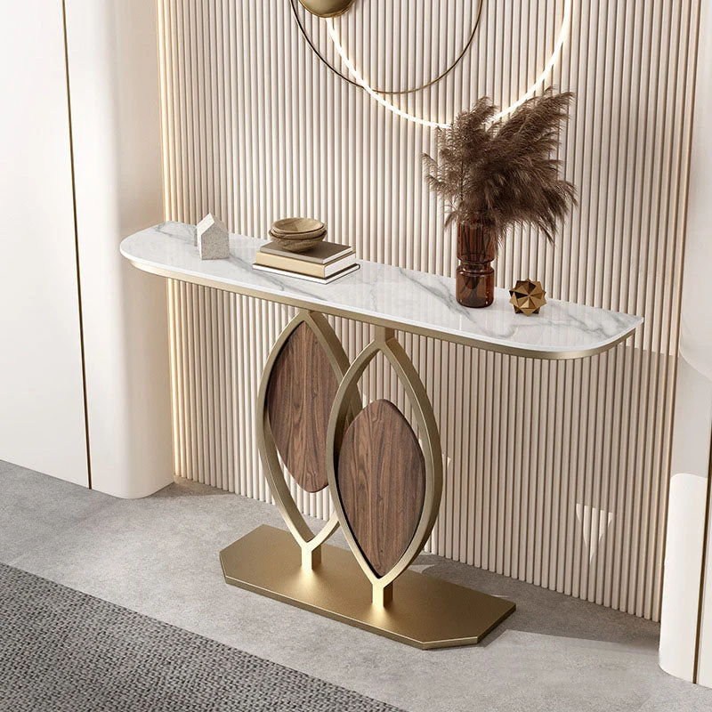 Glam Iron Accent Table Half Moon Stone Sofa Console Table for Hall