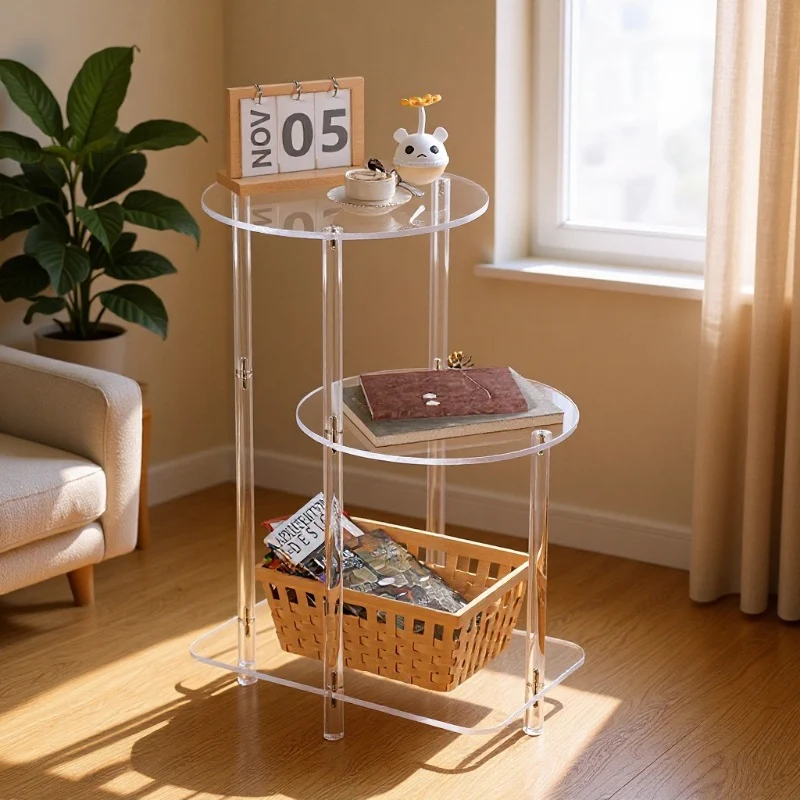 Modern Minimalist Round Cylindrical Acrylic Plastic Nightstand 3-Tier For Bedroom