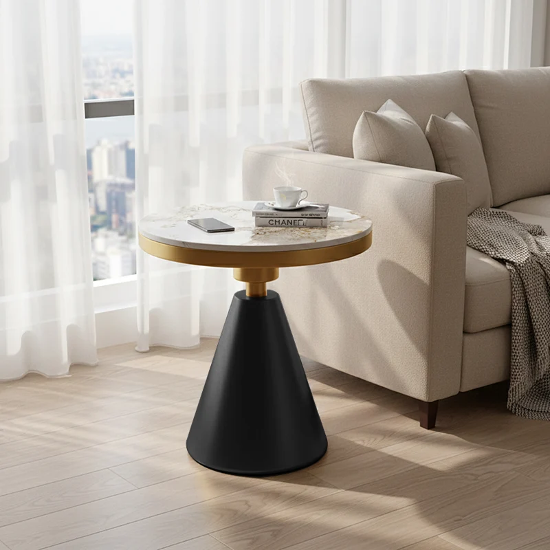 Contemporary Luxury Tapered Round Stone Slab Carbon Steel Coffee Table 1-Tier For Living Room