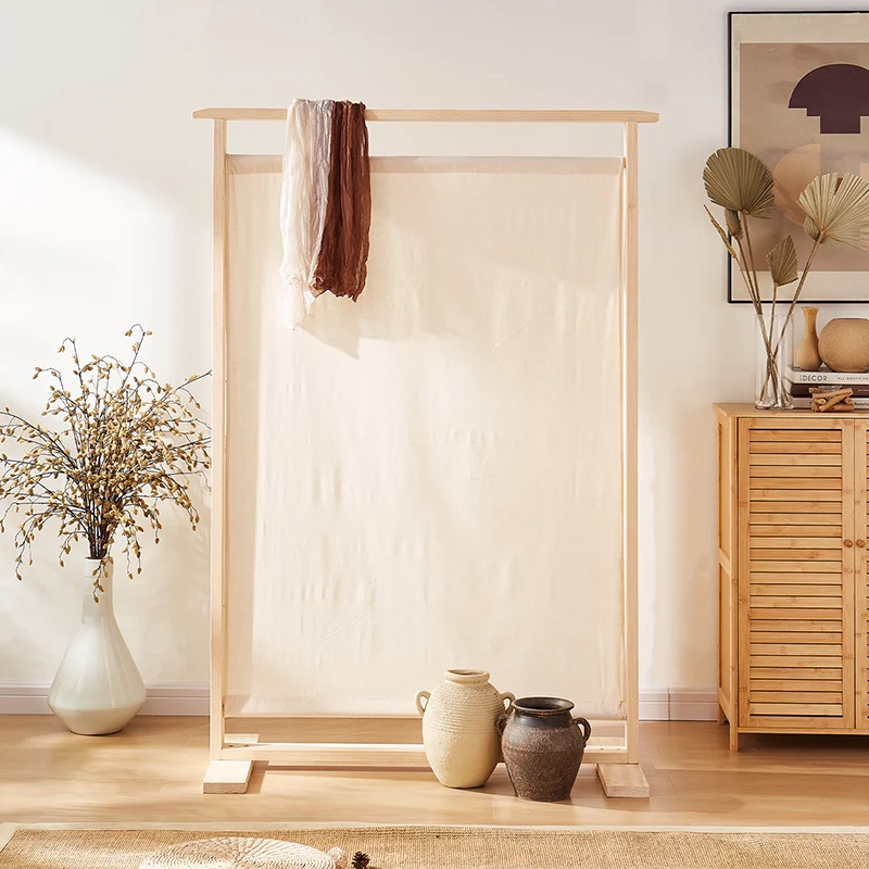 Traditional Chinese Rectangular Solid Wood Linen Fabric Room Divider For Living Room