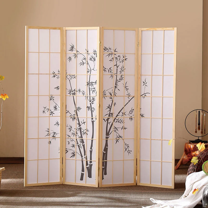 Traditional Japanese Rectangular Non-Woven Fabric Pine Wood Foldable Grid Room Divider For Living Room