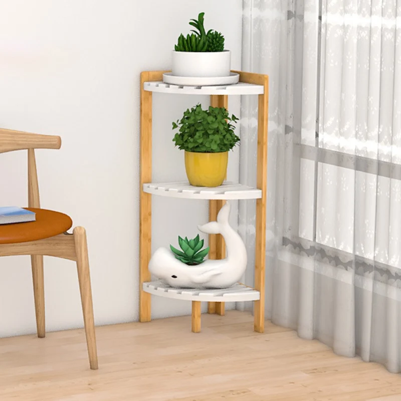 Modern Minimalist Cylindrical Fan-Shaped Medium Density Fiberboard Bamboo Corner Shelf Unit 3-Tier For Living Room