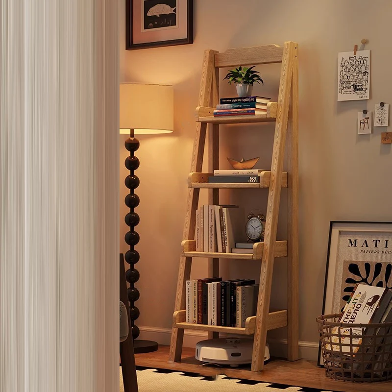 Modern Minimalist Rectangular Ladder Pine Wood Display Rack 4-Tier For Living Room