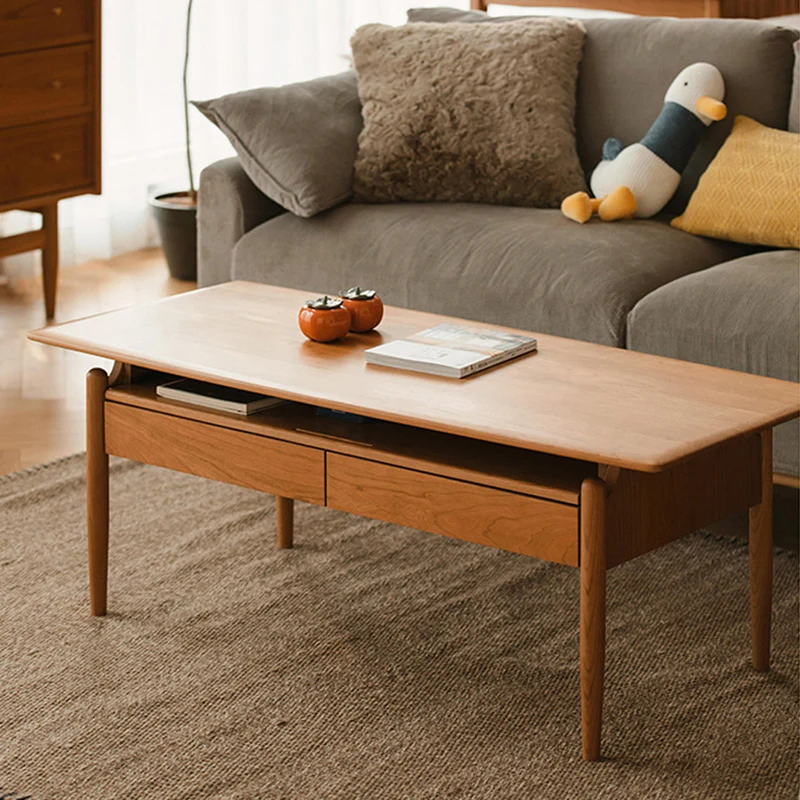 Traditional Chinese Cherry Wood Solid Wood Multi-Layer Board Rectangular Cylindrical Coffee Table With 2 Drawers For Living Room