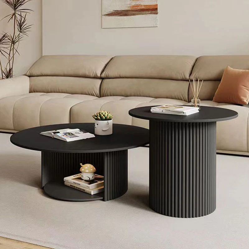 Modern Minimalist Eco Board Stainless Steel Textured Round Column Coffee Table With 2 Tier For Living Room