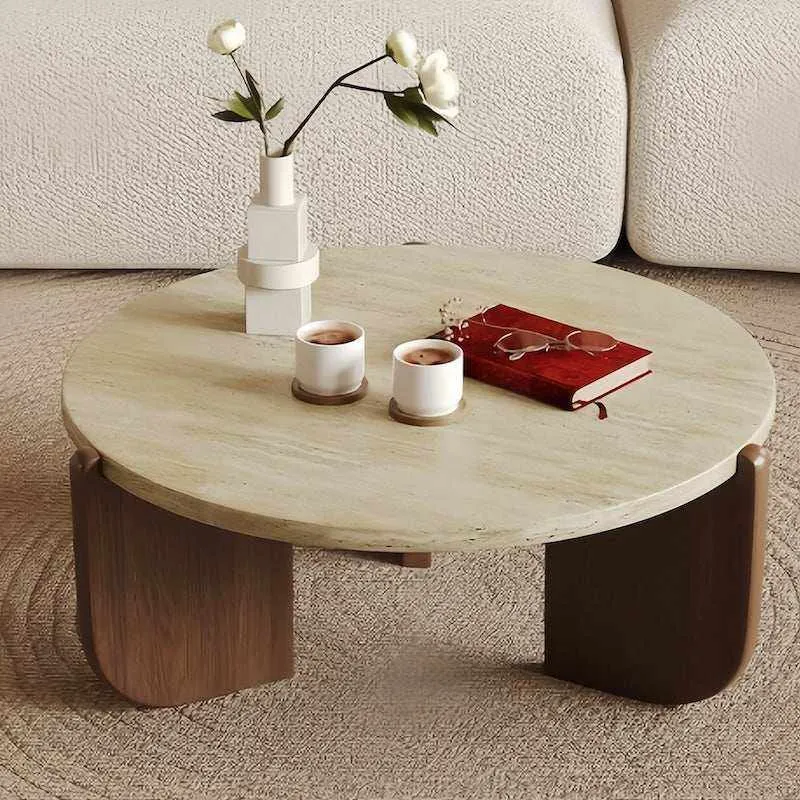 Solid Wood Natural Travertine Coffee Table - Eco-Friendly Design