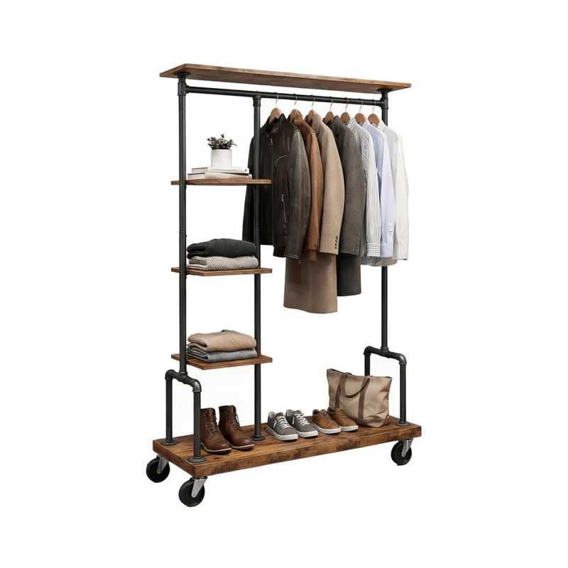 Premium Stahl Kleiderständer 90kg – Adam - mit Holzablagen & Rollen