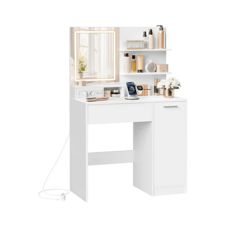 Schminktisch - Elina - mit LED-Spiegel, Steckdosen & Ablagen – Weiß, 80 cm