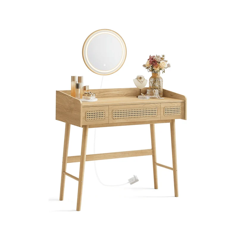 Boho Schminktisch - Liora - mit LED-Spiegel & Schubladen, Eichenbeige