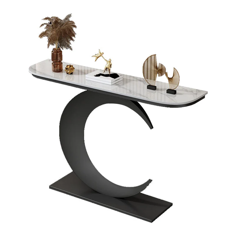 Stain Resistant Console Table with Iron Pedestal Base and Stone Top