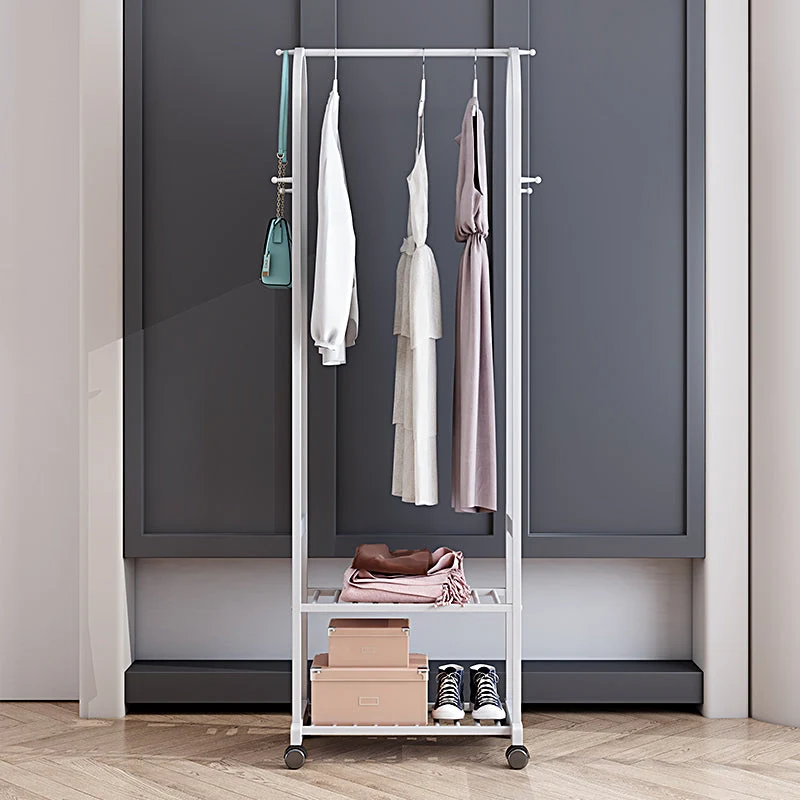 Modern Metal Coat Rack Solid Color Castors Clothes Hanger with Storage Shelving