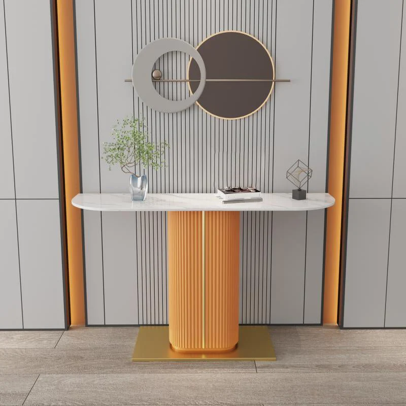 11" Wide Contemporary End Table Stone Half Moon Pedestal Accent Table