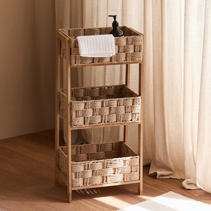 Contemporary Nordic Rectangular Pine Paper Cord Storage Shelf 3-Tier For Living Room