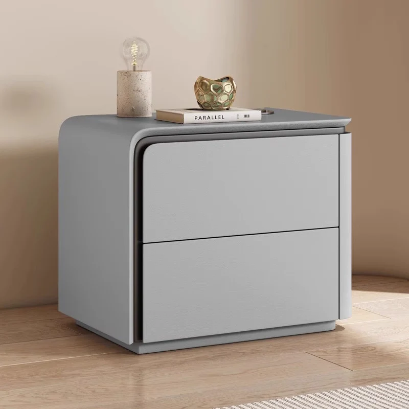 Modern Minimalist Rectangular Microfiber Leather Solid Wood Carbon Crystal Board Nightstand 2-Drawer For Bedroom