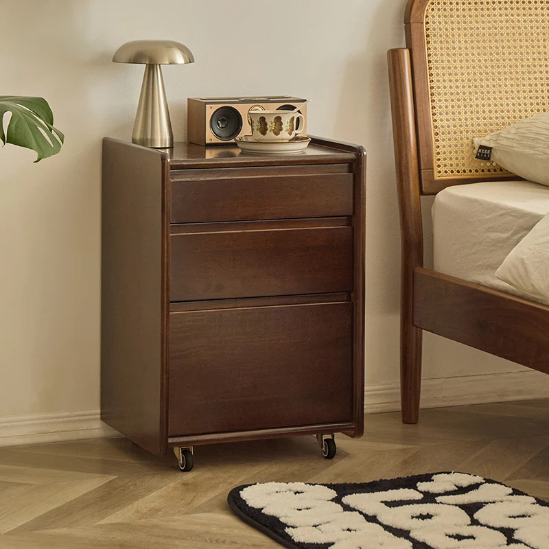 Contemporary Nordic Rectangular Rubberwood Plywood Movable Nightstand 3-Drawer For Bedroom