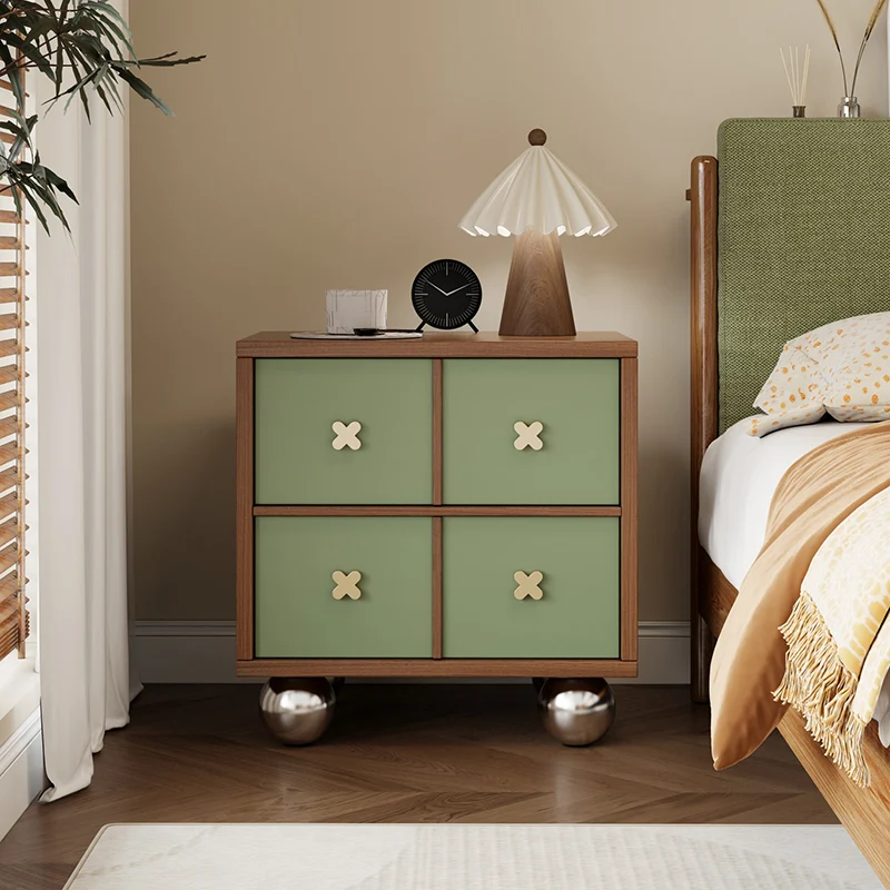 Contemporary Nordic Rectangular Spherical Malacca Lacquer-Free Board Iron Aluminum Alloy Nightstand 4-Drawer For Bedroom