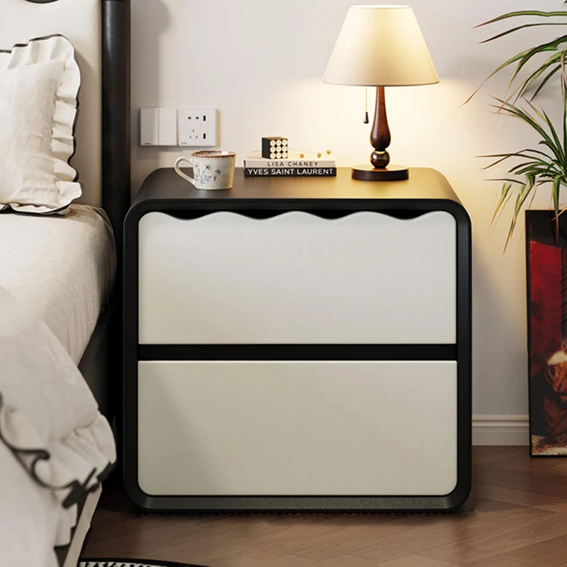 Modern Minimalist Rectangular Wave Design Eco-Leather Multi-Layer Plywood Nightstand 2-Drawer For Bedroom