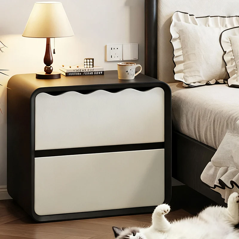 Modern Minimalist Rectangular Wave Design Eco-Leather Multi-Layer Plywood Nightstand 2-Drawer For Bedroom