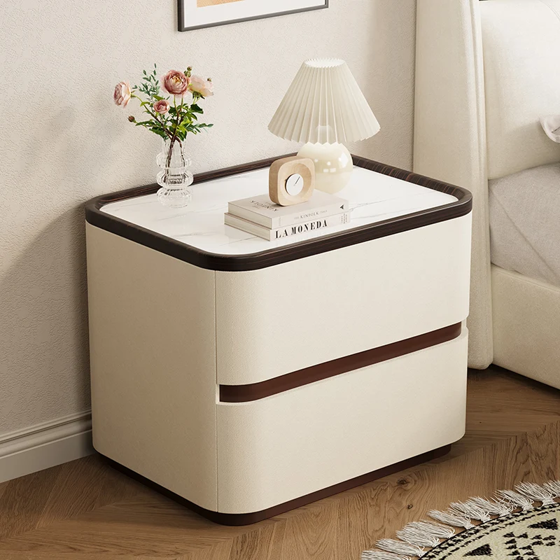 Modern Minimalist Rectangular Cat-Claw Leather Stone Slab Pine Nightstand 2-Drawer For Bedroom