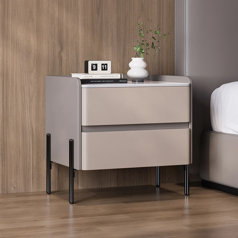 Modern Minimalist Rectangular High-Leg Design Stone Slab Pine Solid Wood Cat-Scratch Leather Carbon Steel Nightstand 2-Drawer For Bedroom